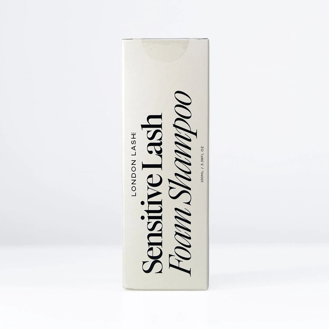 London Lash Sensitive Lash Foam Shampoo packaging in an elegant off-white rectangular box with minimalist black branding, displayed on a white background.