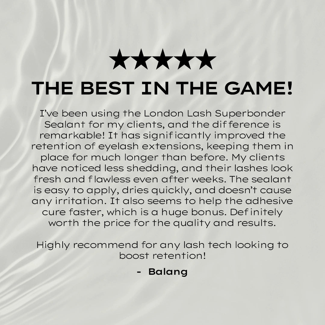 Product review for London Lash Superbonder with five stars and text praising its effectiveness.
